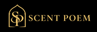 Scent Poem hybrid logo with gold SP monogram and arch